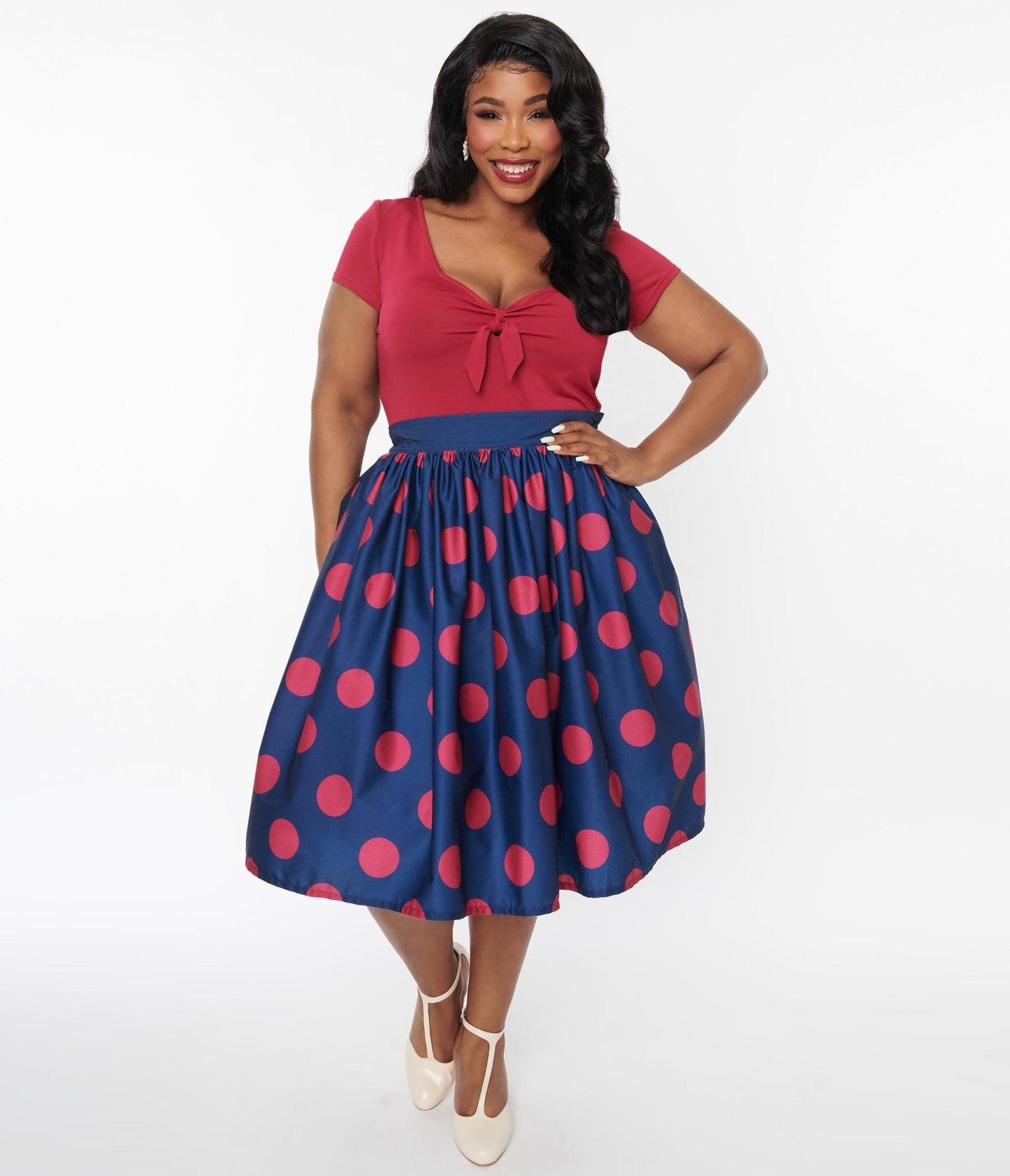 Unique Vintage Navy & Berry Polka Dot Gellar Swing Skirt - Unique Vintage - Womens, BOTTOMS, SKIRTS