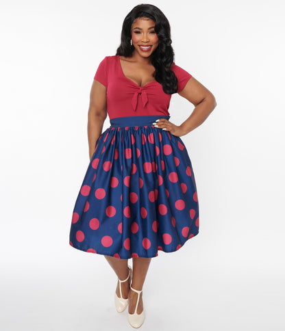 Unique Vintage Navy & Berry Polka Dot Gellar Swing Skirt - Unique Vintage - Womens, BOTTOMS, SKIRTS