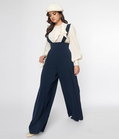 Unique Vintage Navy Blue Rochelle Suspender Pants - Unique Vintage - Womens, BOTTOMS, PANTS
