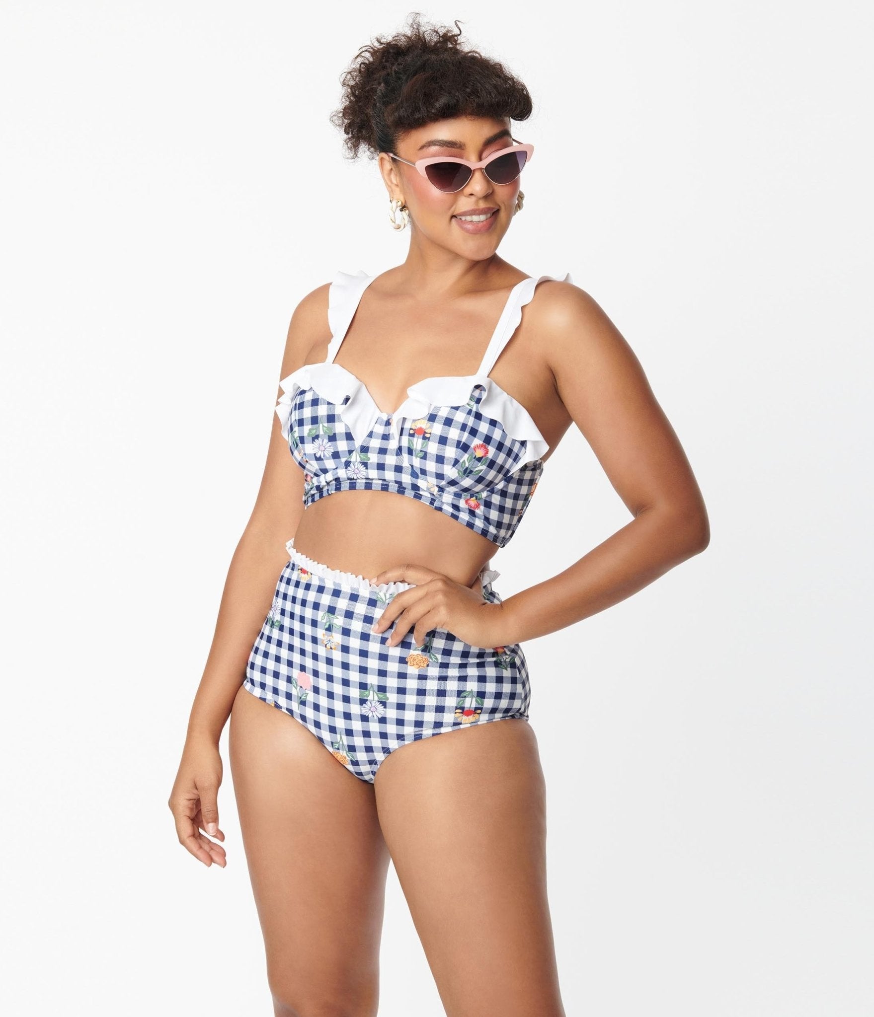 Unique Vintage Navy Gingham & Floral Cape May Swim Bottoms - Unique Vintage - Womens, SWIM, BOTTOM