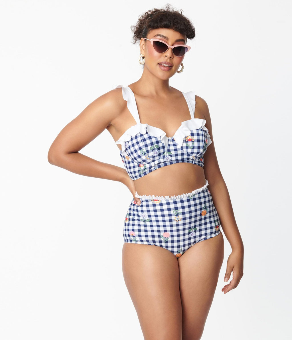Unique Vintage Navy Gingham & Floral Cape May Swim Bottoms - Unique Vintage - Womens, SWIM, BOTTOM