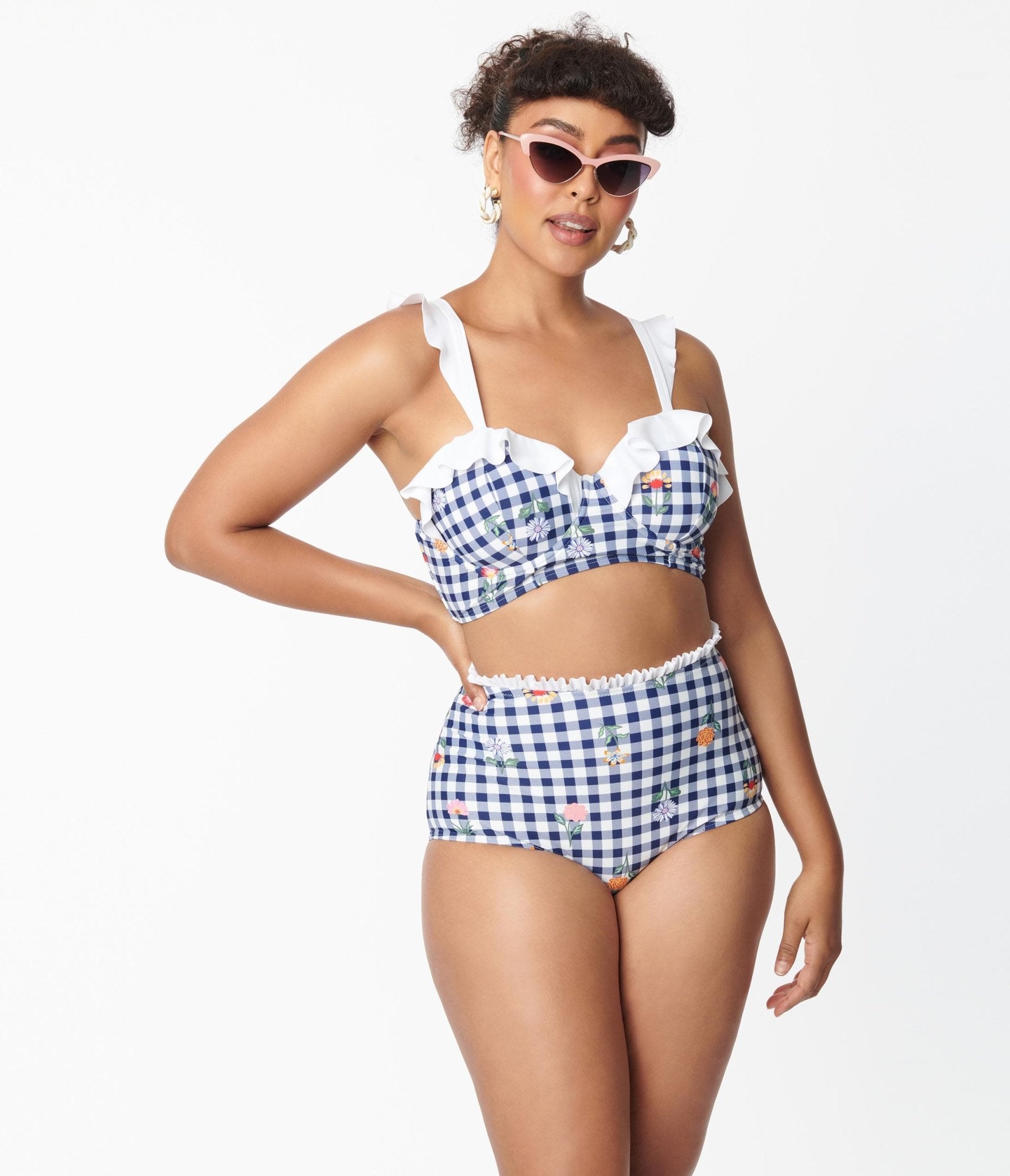Unique Vintage Navy Gingham & Floral Cape May Swim Bottoms - Unique Vintage - Womens, SWIM, BOTTOM