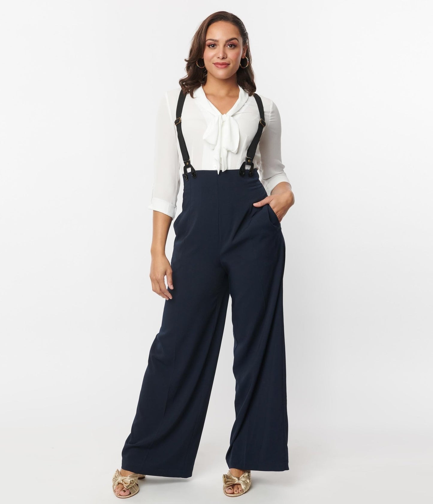 Unique Vintage Navy High Waist Suspender Pants - Unique Vintage - Womens, BOTTOMS, PANTS