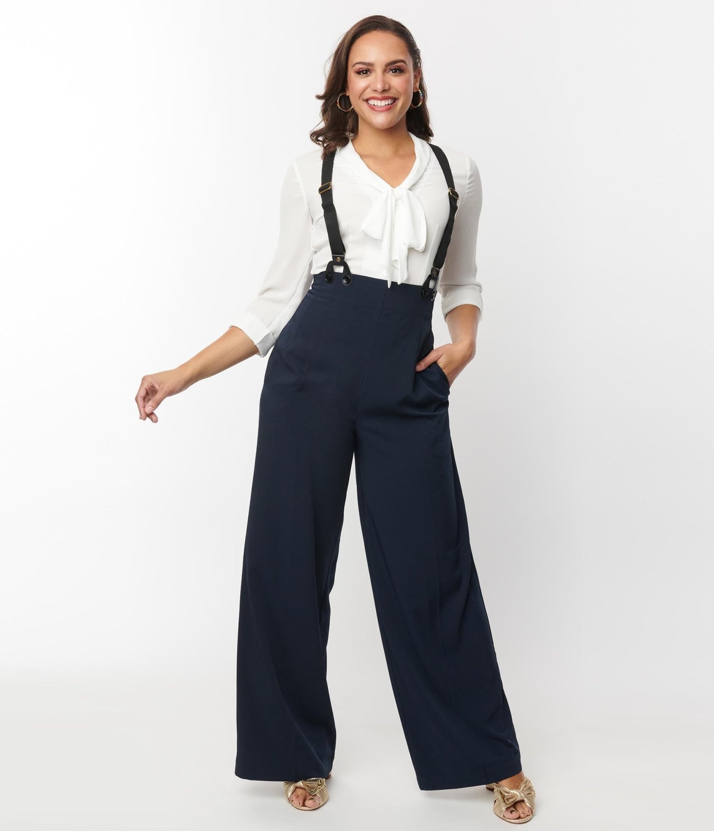 Unique Vintage Navy High Waist Suspender Pants - Unique Vintage - Womens, BOTTOMS, PANTS