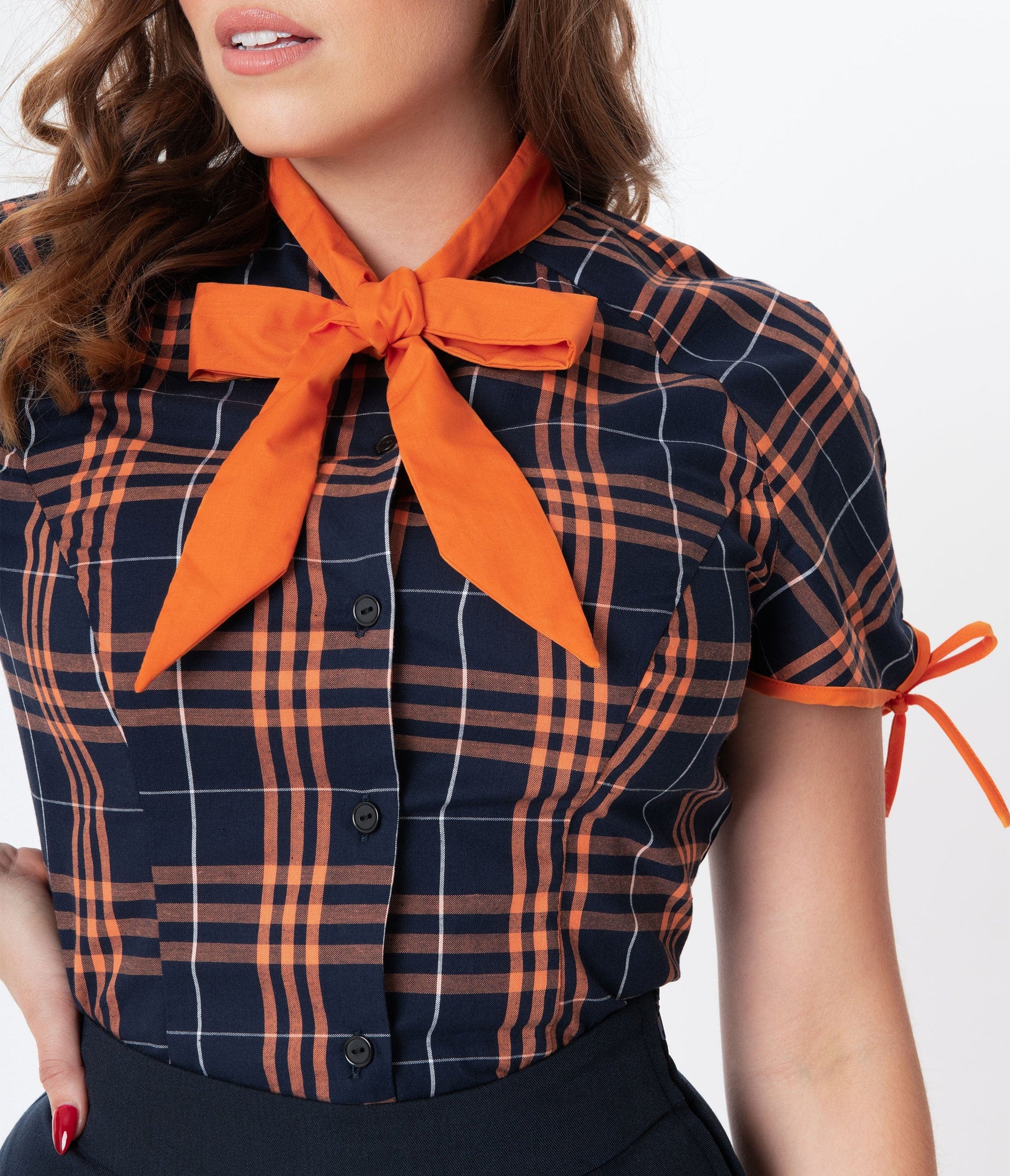 Unique Vintage Navy & Orange Plaid Bow Tie Chita Blouse - Unique Vintage - Womens, TOPS, WOVEN TOPS