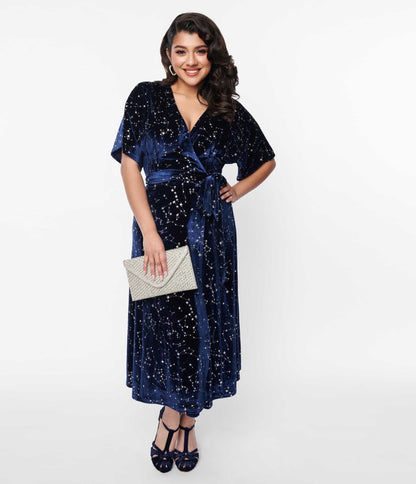 Unique Vintage Navy & Silver Stars Velvet Wrap Midi Dress - Unique Vintage - Womens, DRESSES, MIDI