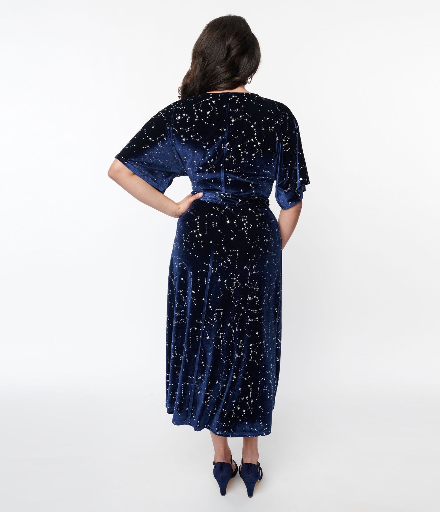 Unique Vintage Navy & Silver Stars Velvet Wrap Midi Dress - Unique Vintage - Womens, DRESSES, MIDI