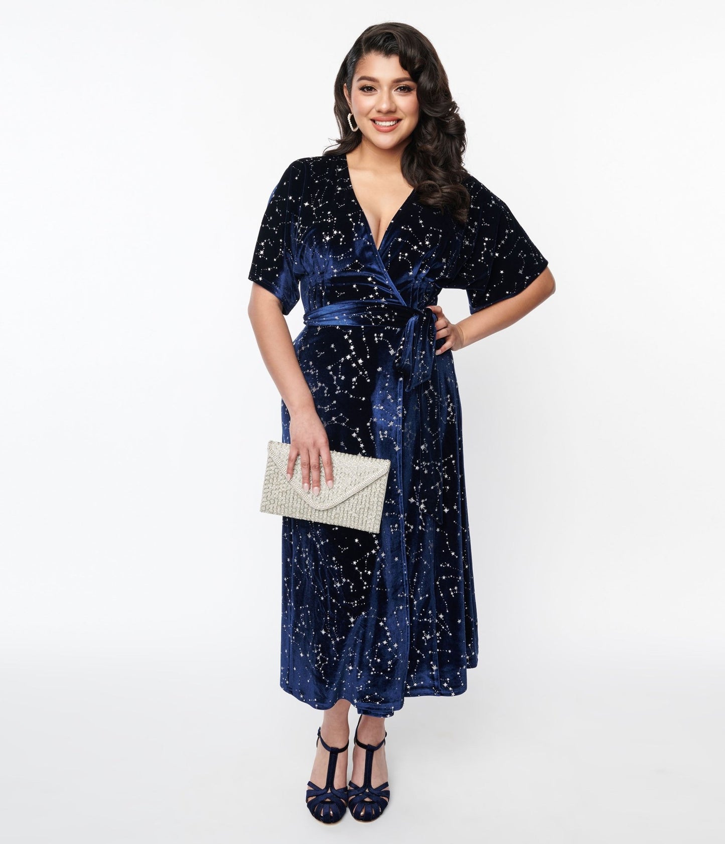 Unique Vintage Navy & Silver Stars Velvet Wrap Midi Dress - Unique Vintage - Womens, DRESSES, MIDI