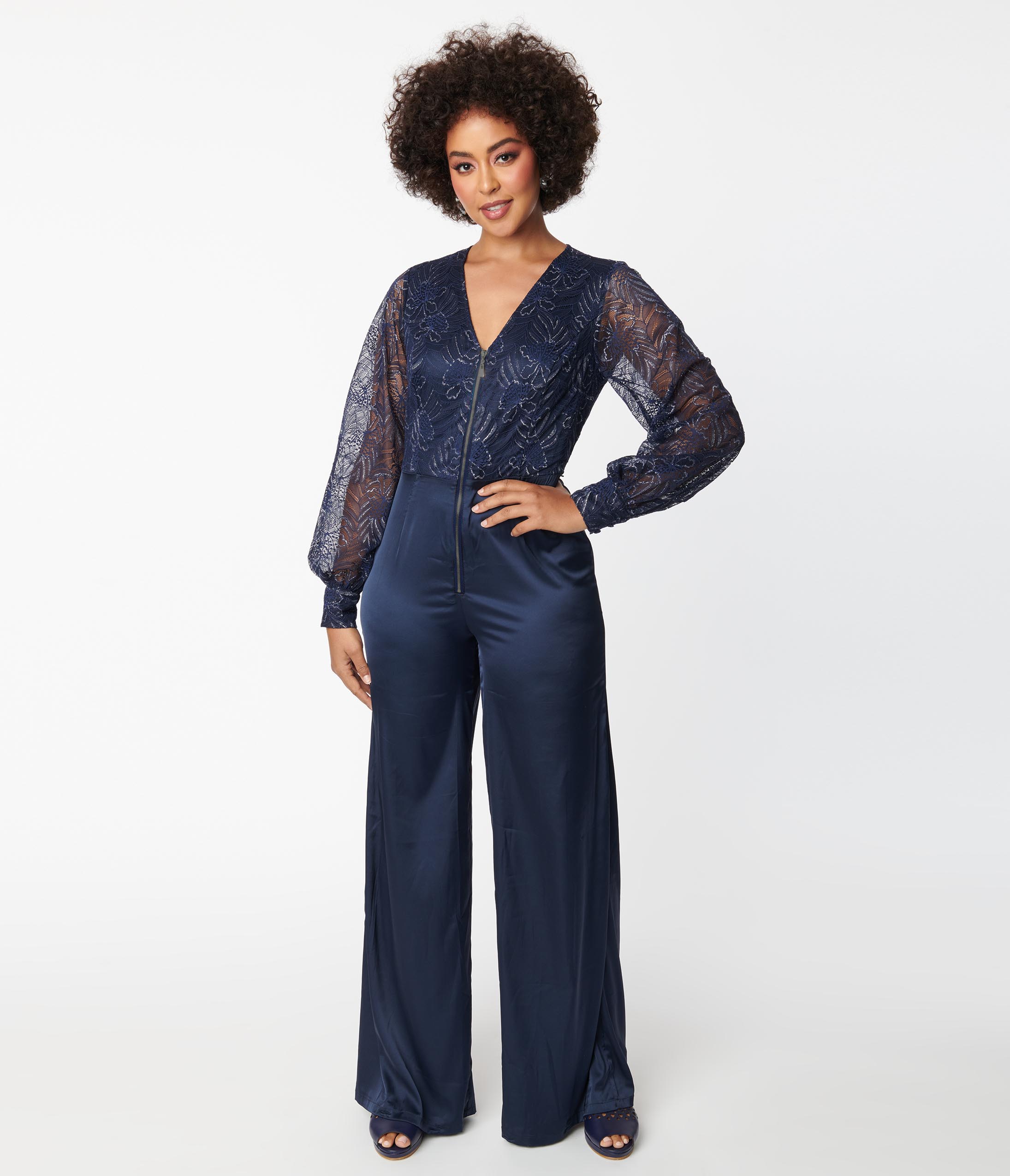 Unique Vintage Navy Sparkle Lace Jumpsuit Skirt Overlay