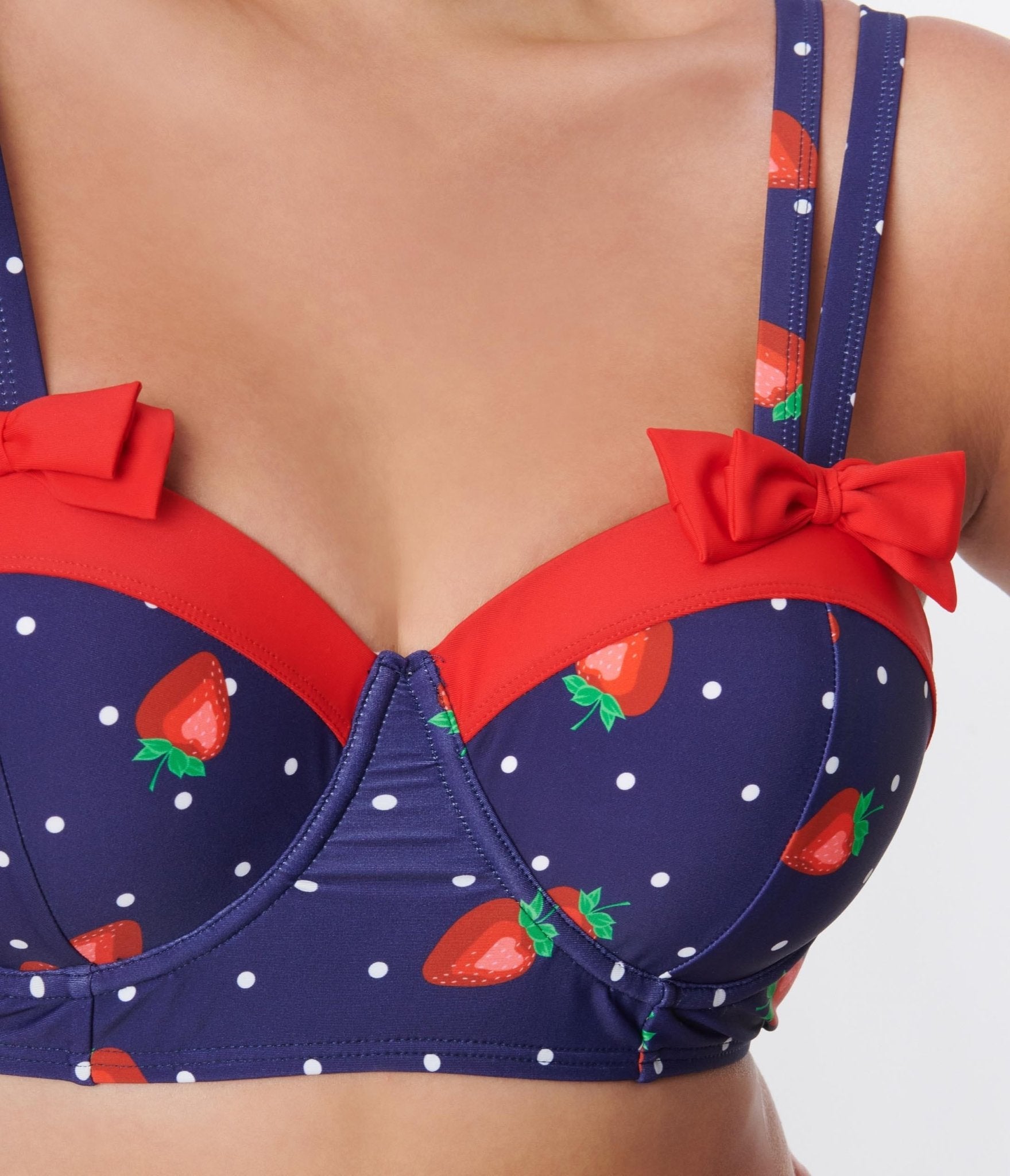 Unique Vintage Navy Strawberry Pin Dot Bowed Over Swim Top - Unique Vintage - Womens, SWIM, TOP