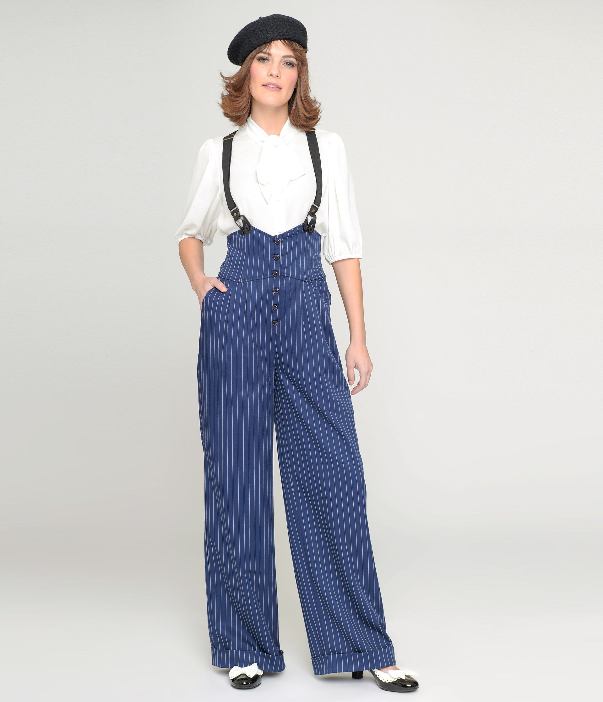 Unique Vintage Navy & White Pinstripe Thelma Suspender Pants - Unique Vintage - Womens, BOTTOMS, PANTS