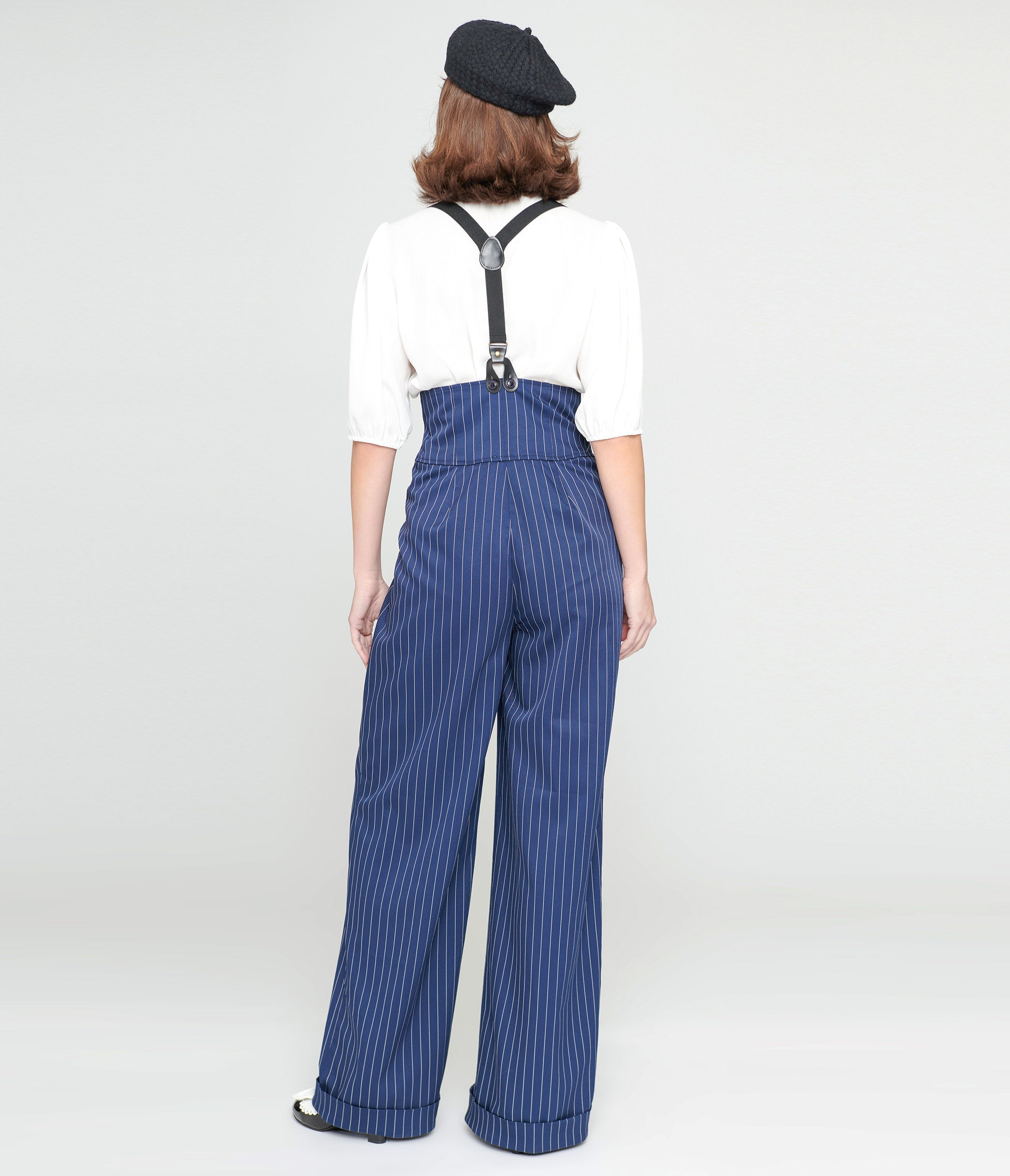 Unique Vintage 1930s Navy White Pinstripe Thelma Suspender Pants