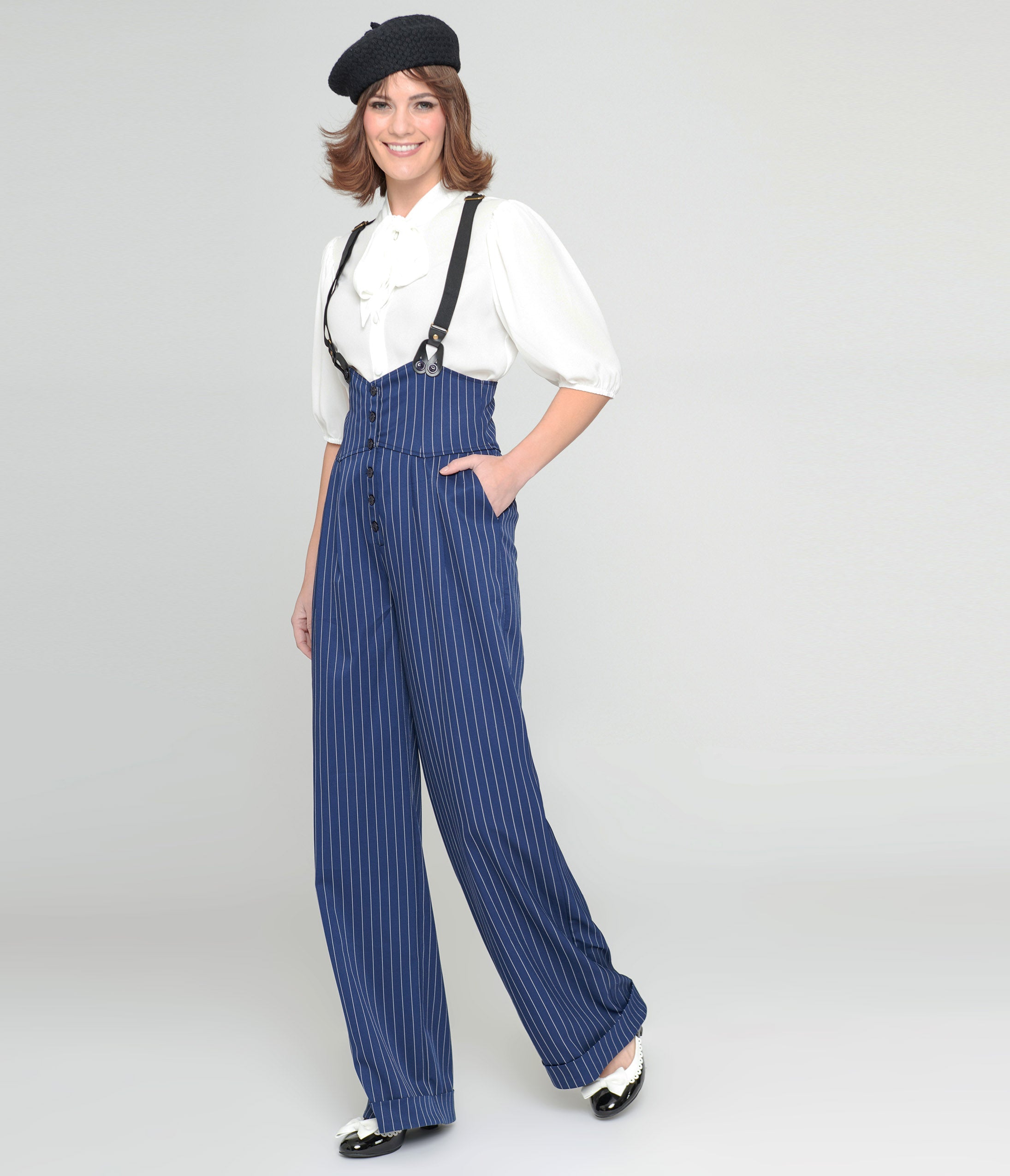 Women's pinstripe pants outlet with suspenders