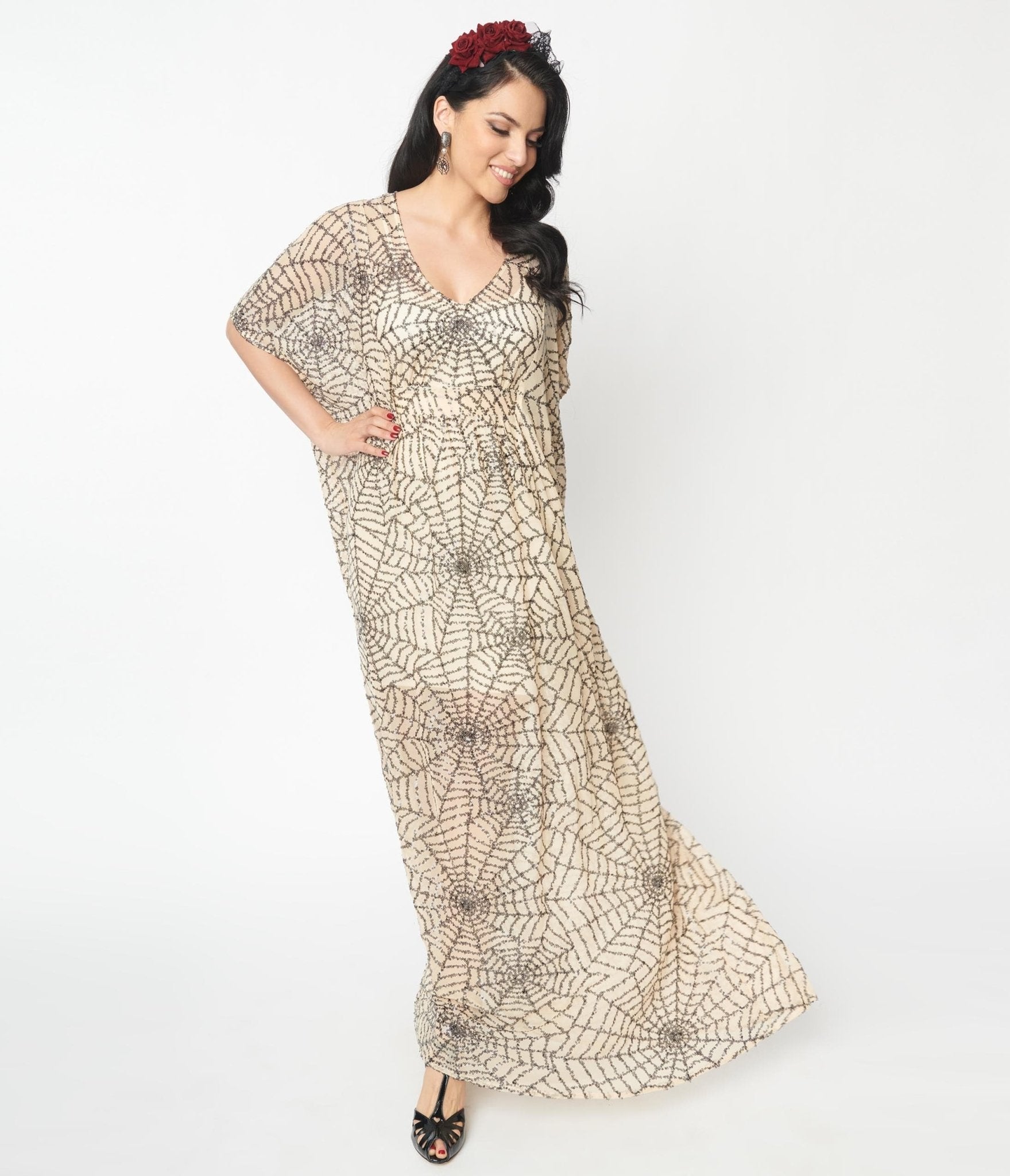 Unique Vintage Nude Sequin Spiderweb Burton Caftan Dress - Unique Vintage - Womens, HALLOWEEN, DRESSES