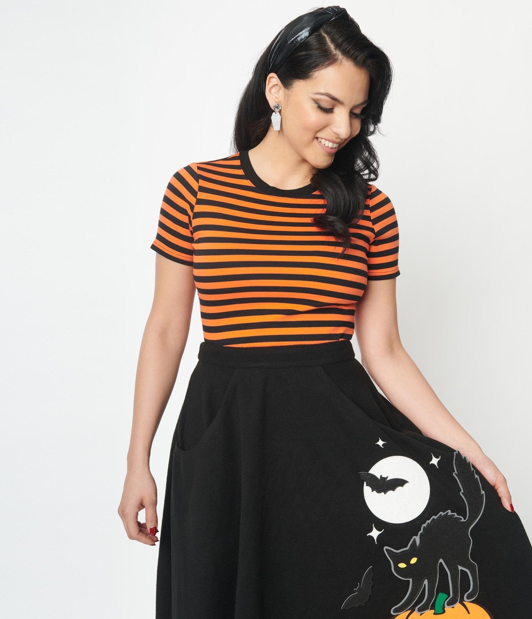 Orange skirt and black top top