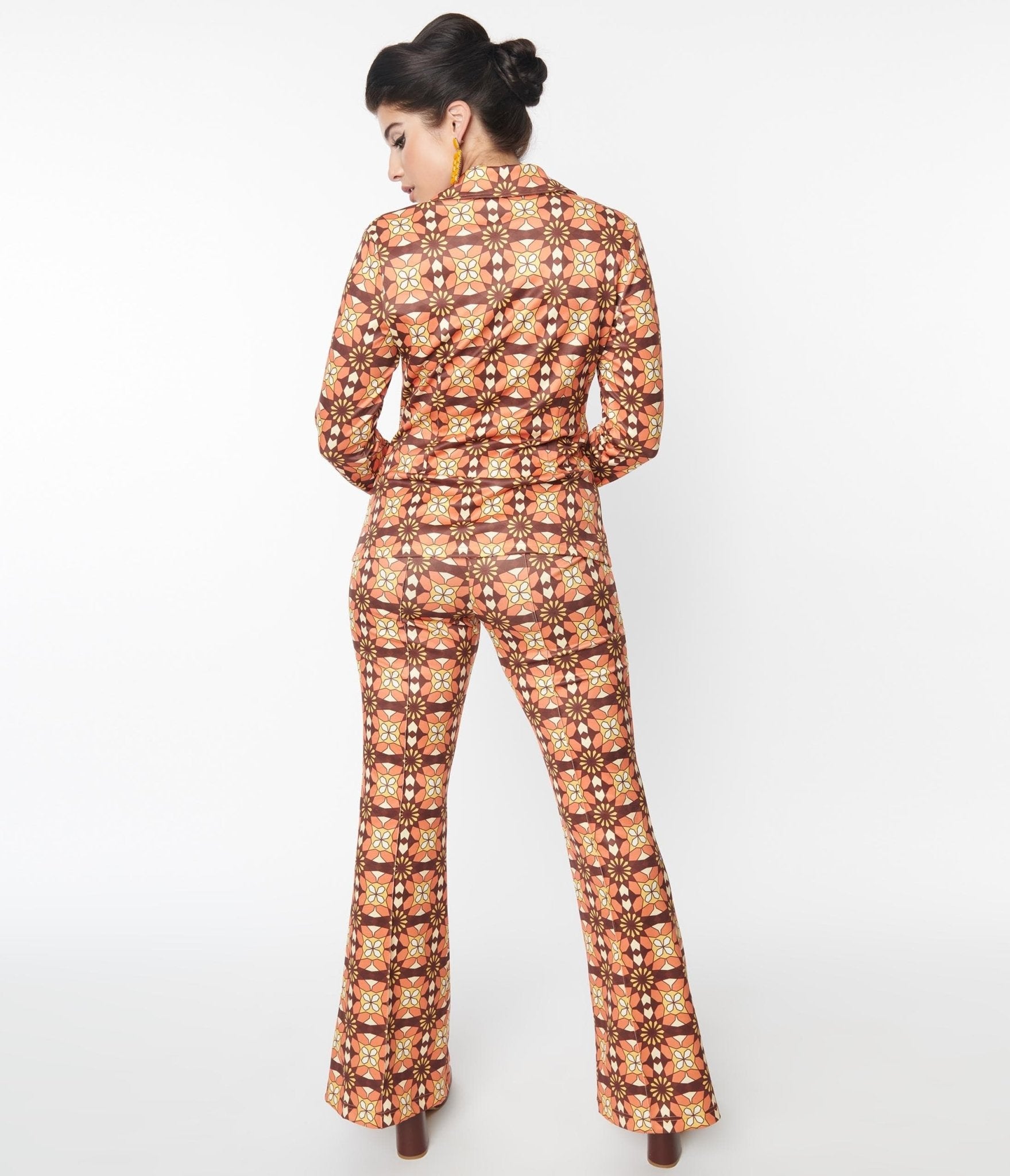 Unique Vintage 1970s Orange Brown Mosaic Flare Pants