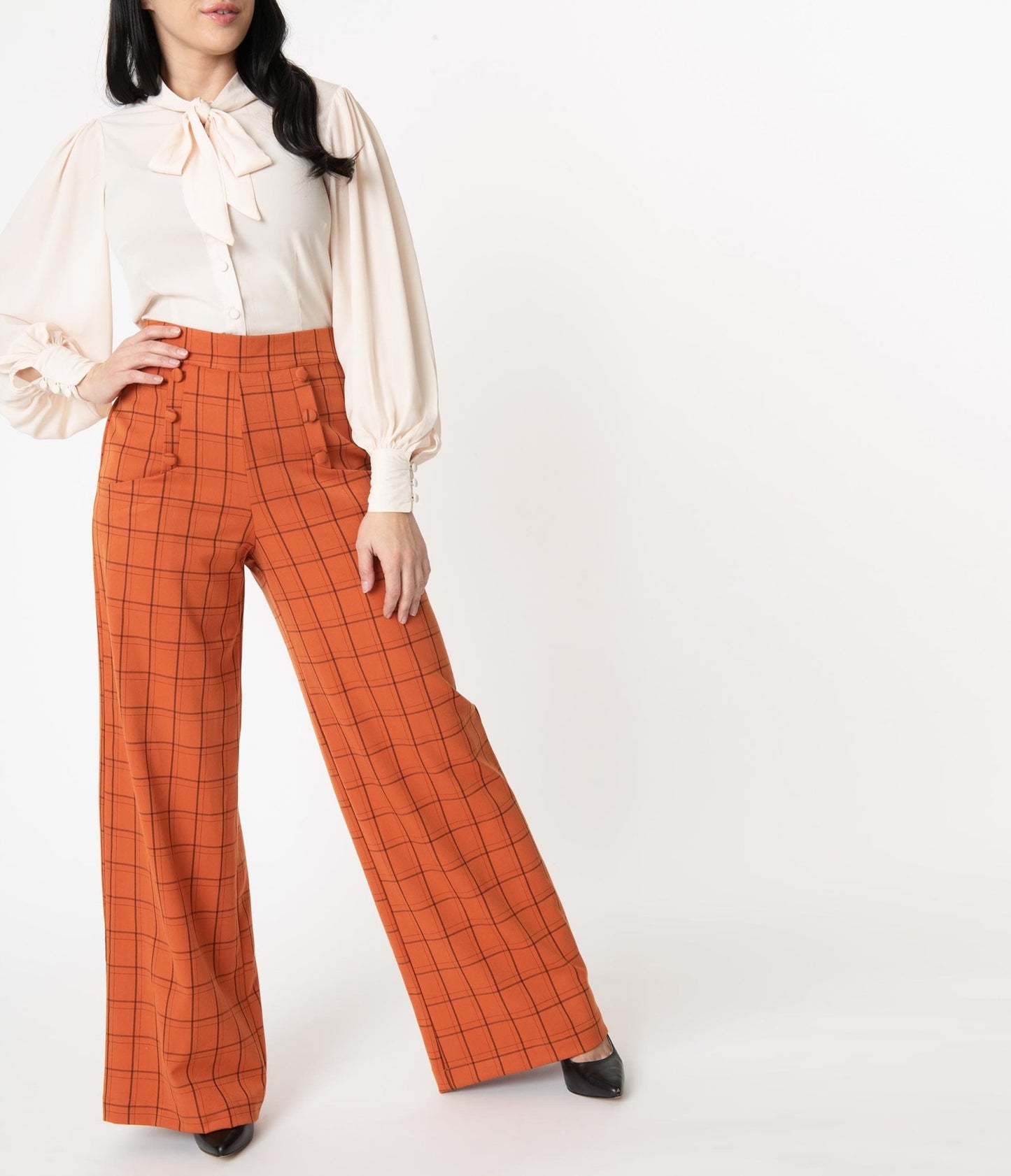 Unique Vintage Orange Windowpane High Waist Ginger Pants - Unique Vintage - Womens, HALLOWEEN, BOTTOMS