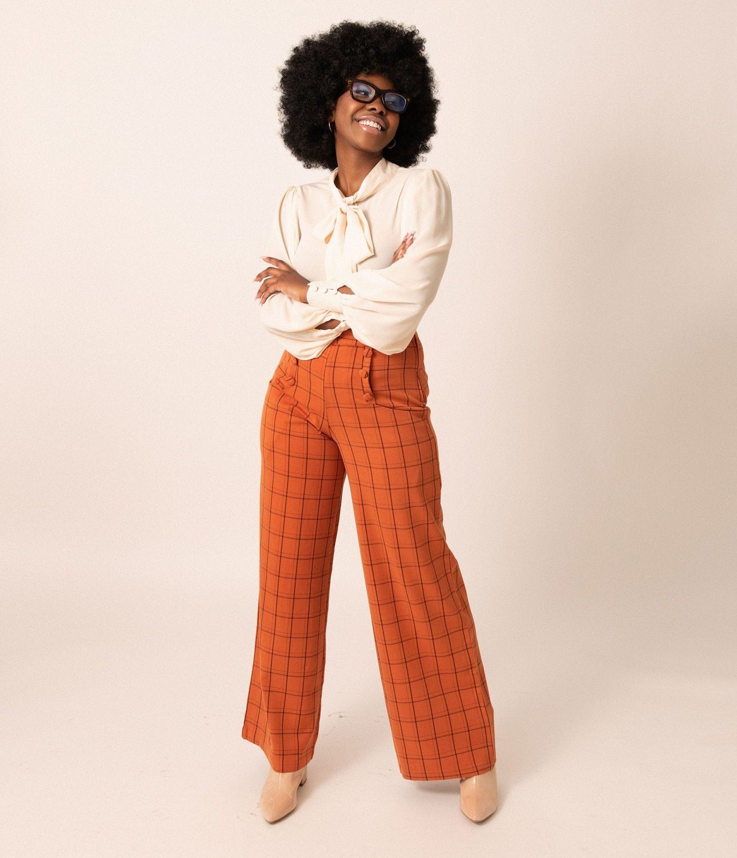 Unique Vintage Orange Windowpane High Waist Ginger Pants - Unique Vintage - Womens, HALLOWEEN, BOTTOMS