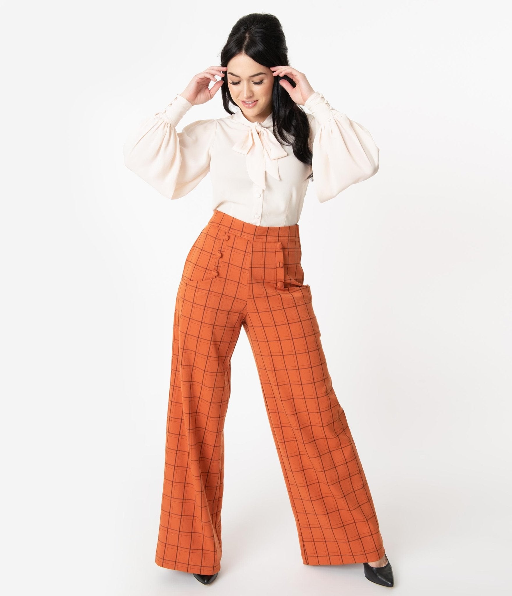 Unique Vintage Orange Windowpane High Waist Ginger Pants - Unique Vintage - Womens, HALLOWEEN, BOTTOMS