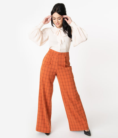 Unique Vintage Orange Windowpane High Waist Ginger Pants - Unique Vintage - Womens, HALLOWEEN, BOTTOMS