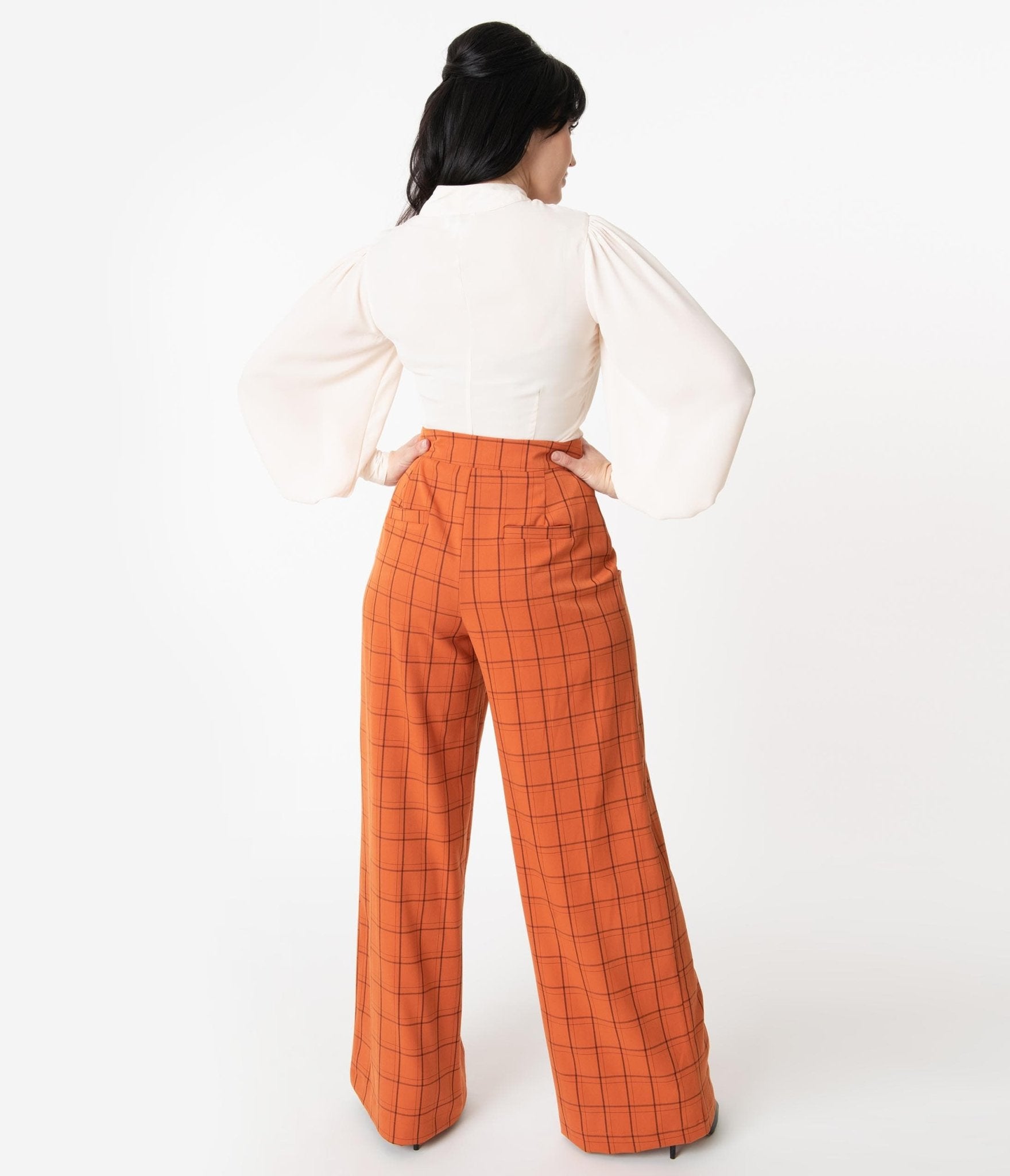 Unique Vintage Orange Windowpane High Waist Ginger Pants - Unique Vintage - Womens, HALLOWEEN, BOTTOMS