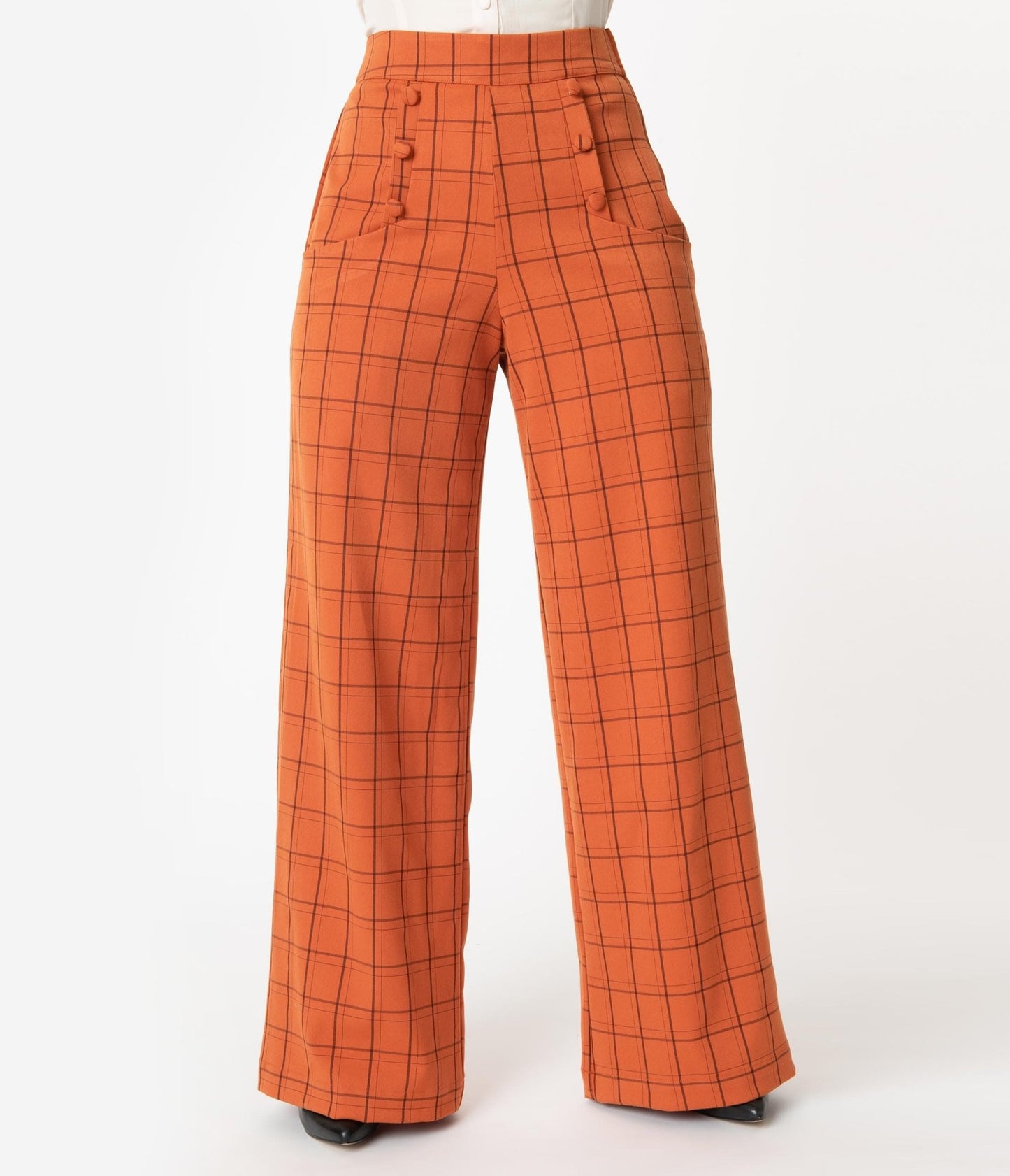 Unique Vintage Orange Windowpane High Waist Ginger Pants - Unique Vintage - Womens, HALLOWEEN, BOTTOMS