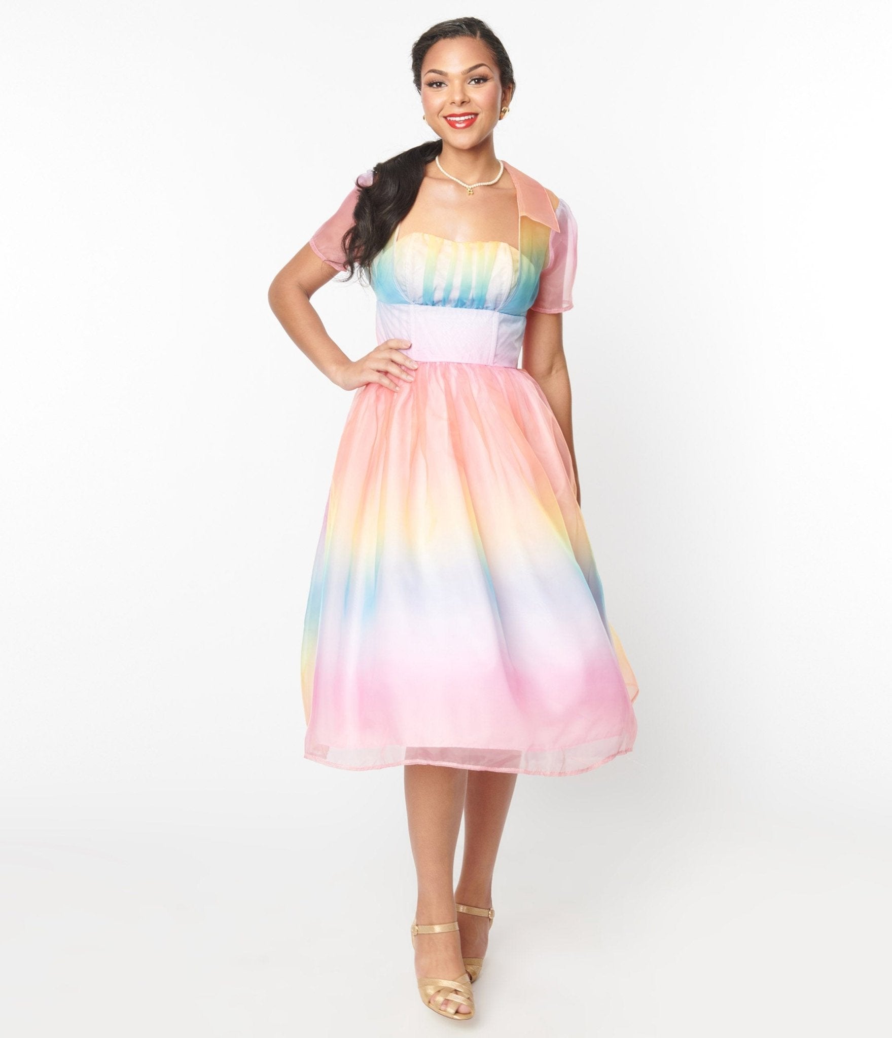 Retro Vintage Unique Vintage Pastel Rainbow Ombre Libby Swing Dress Unique Vintage