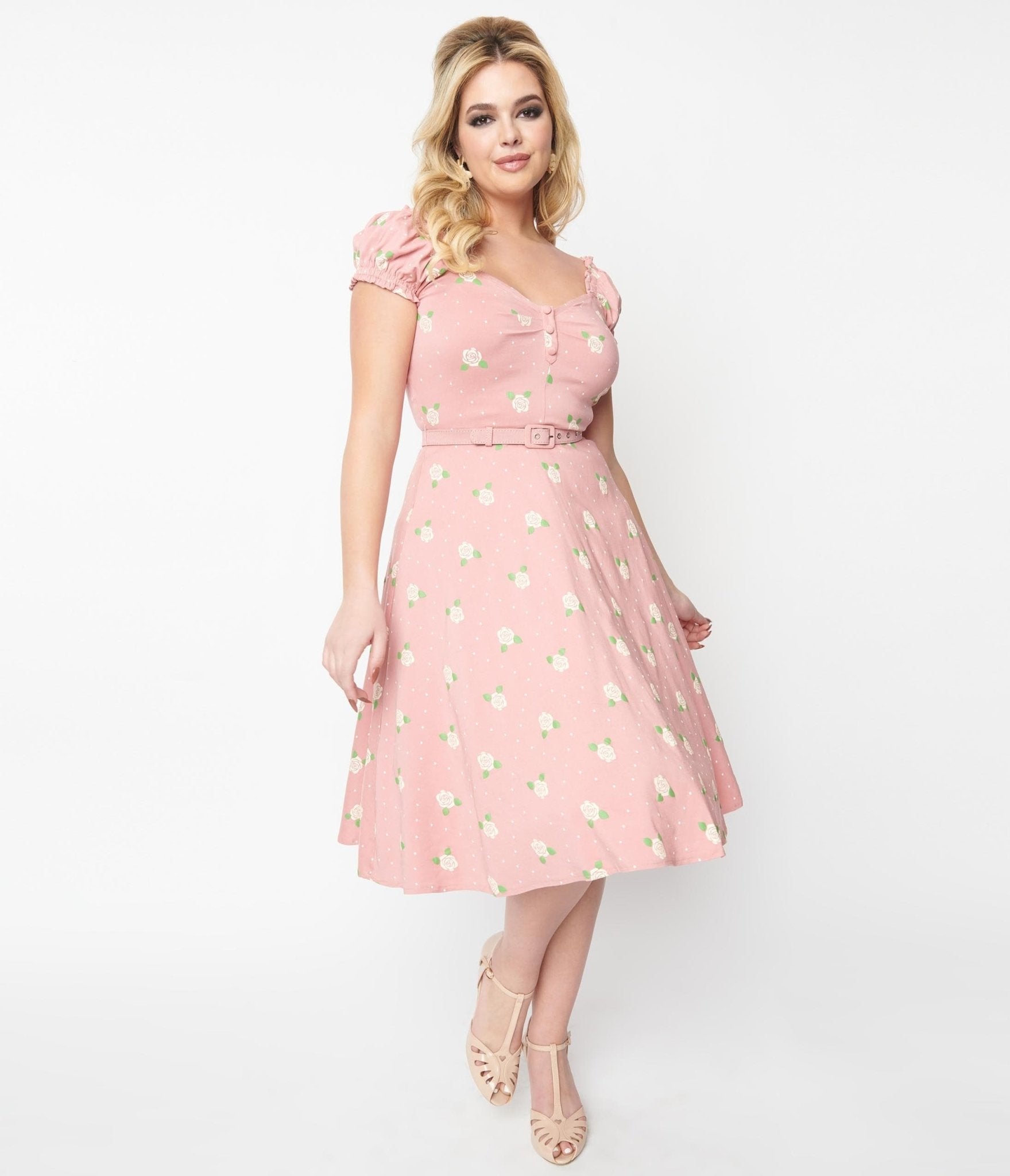 Unique Vintage Pink & Cream Rose Print Ohara Swing Dress - Unique Vintage - Womens, DRESSES, SWING