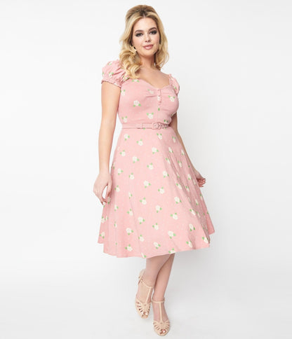 Unique Vintage Pink & Cream Rose Print Ohara Swing Dress - Unique Vintage - Womens, DRESSES, SWING
