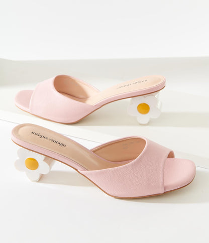 Unique Vintage Pink Daisy Mule Kitten Heels - Unique Vintage - Womens, SHOES, HEELS
