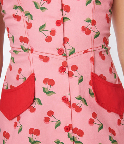 Unique Vintage Pink Denim & Cherry Print Fit & Flare Dress - Unique Vintage - Womens, DRESSES, FIT AND FLARE