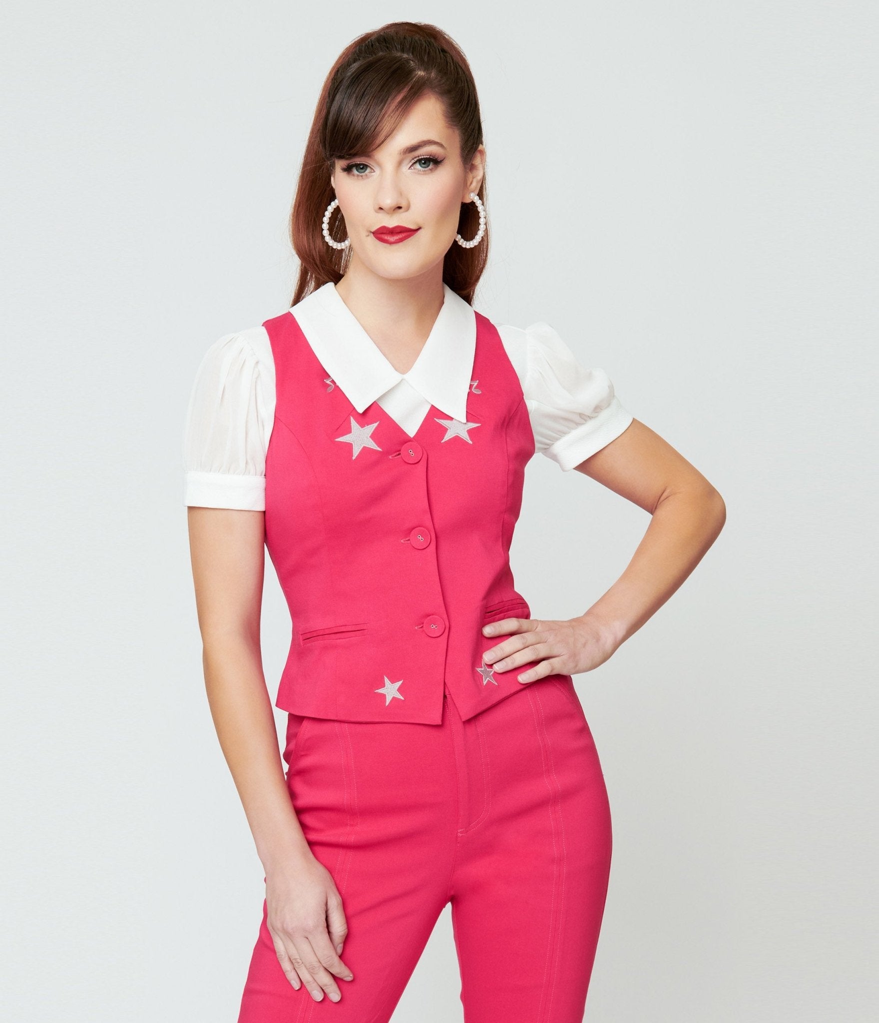 Unique Vintage Pink & Glitter Star Button Up Vest - Unique Vintage - Womens, TOPS, OUTERWEAR