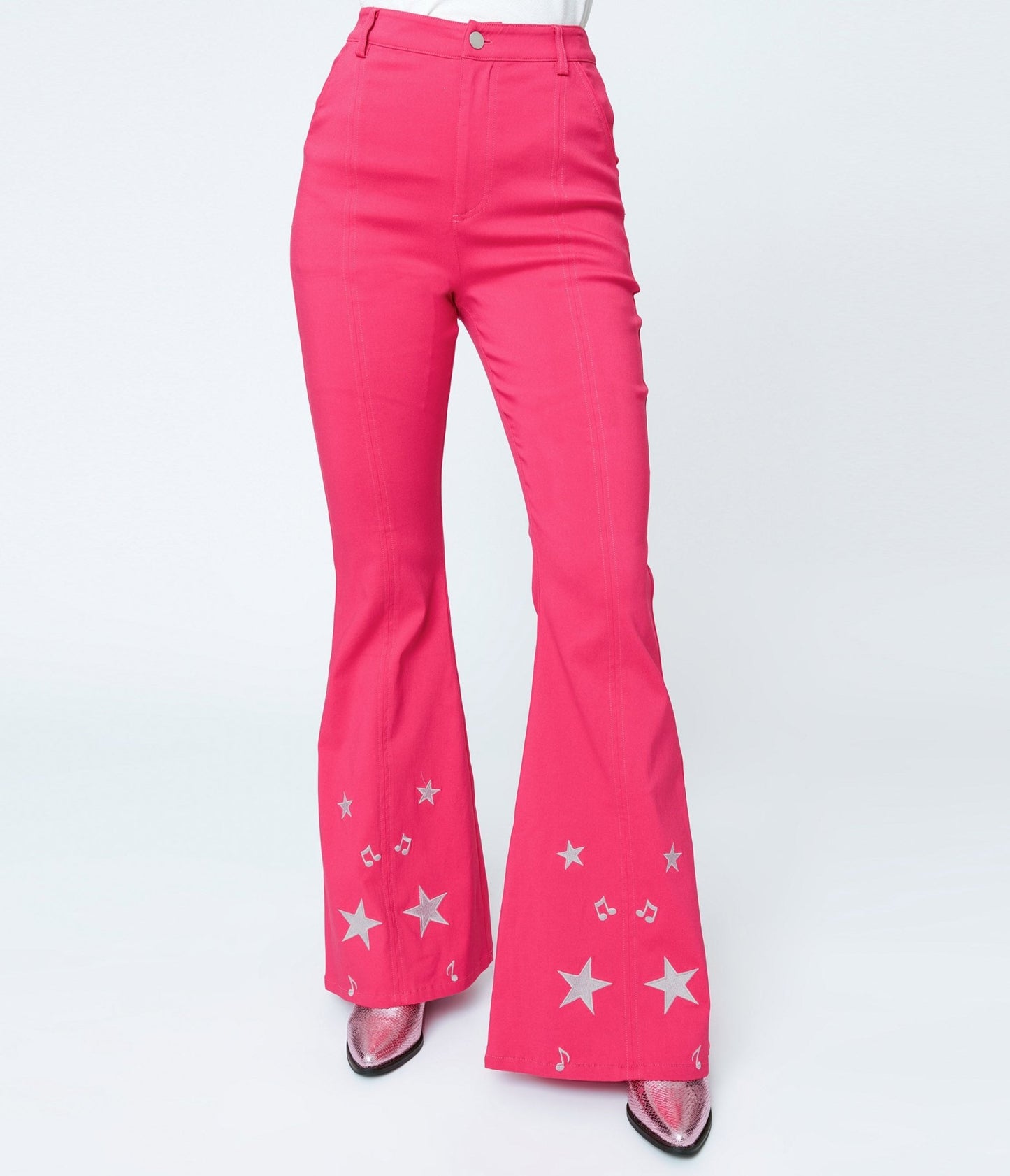 Unique Vintage Pink & Glitter Stars Flare Pants - Unique Vintage - Womens, BOTTOMS, PANTS