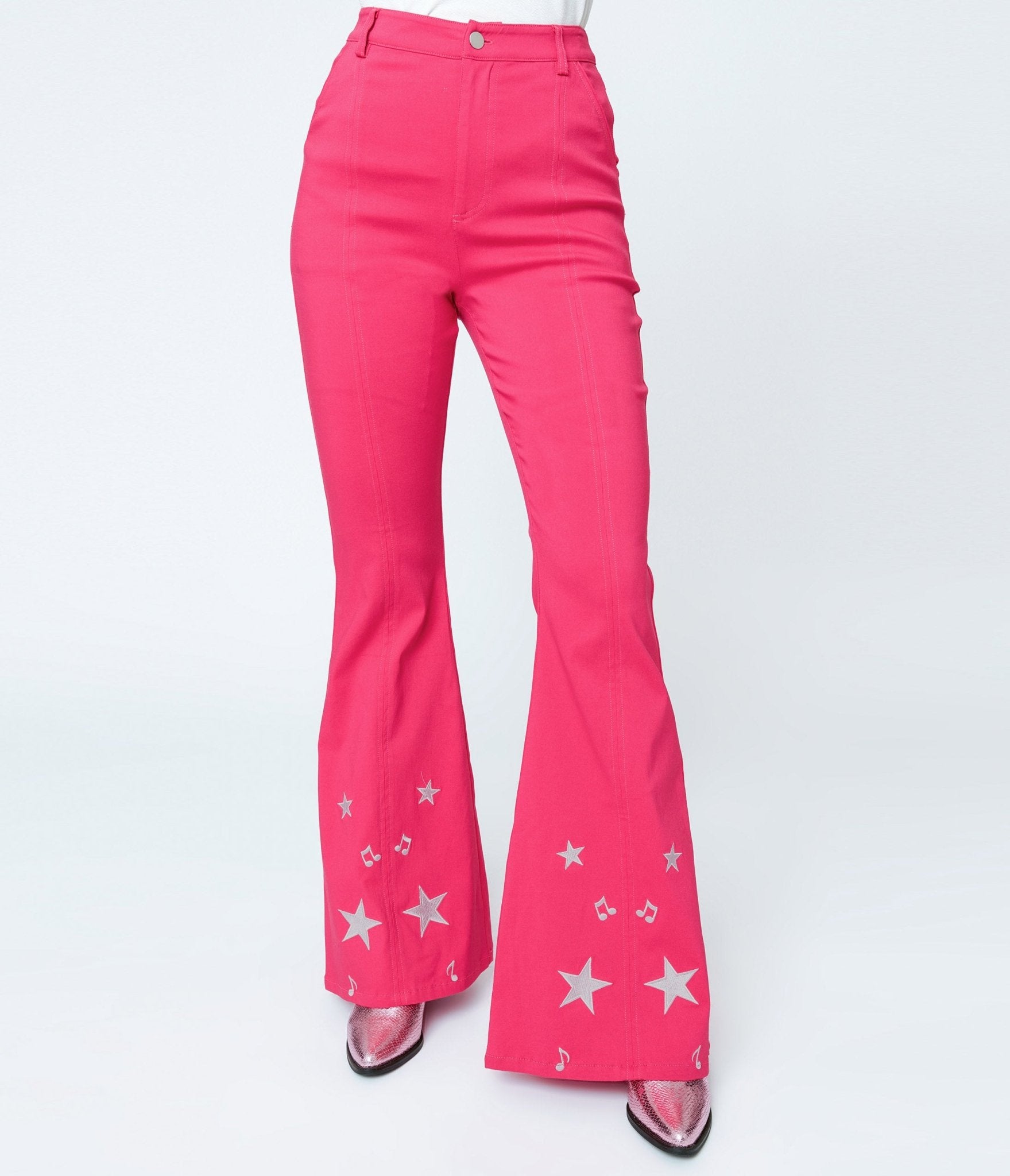 Unique Vintage 1970s Pink & Glitter Stars Flare Pants