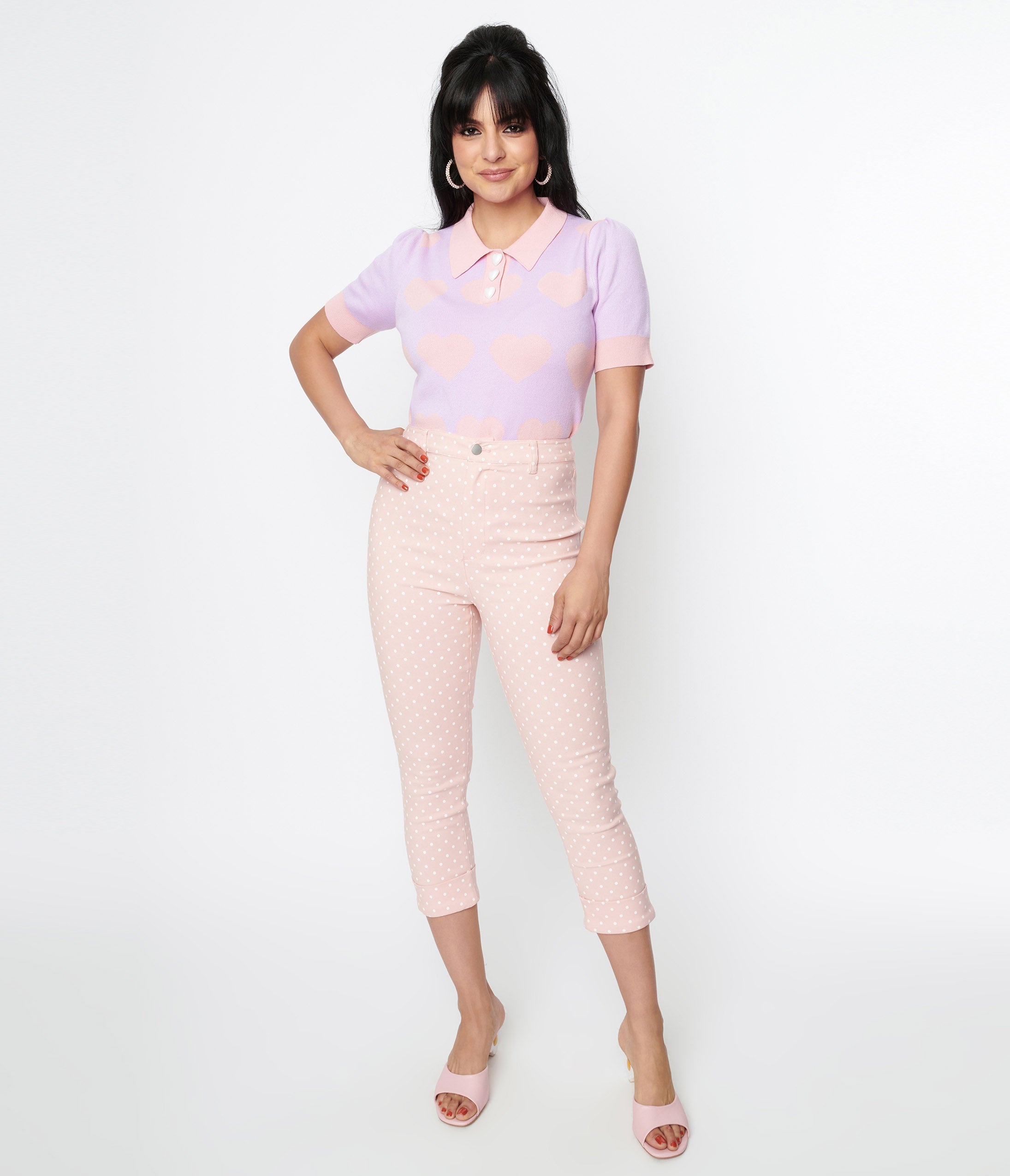 Unique Vintage Pink White Pin Dot Heart Pocket Rachelle Capri Pants