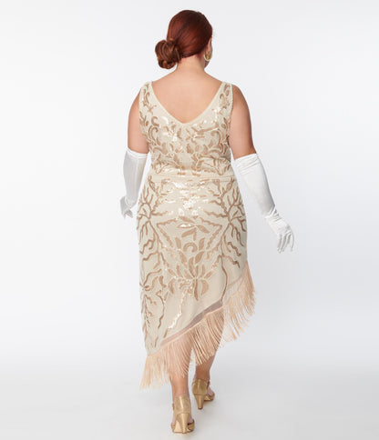 Unique Vintage Plus Size 1920s Beige Beaded Asymmetrical Fringe Flapper Dress - Unique Vintage - Womens, FLAPPER, SLEEVELESS BEADED