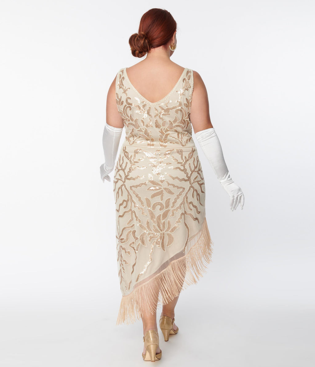 Unique Vintage Plus Size 1920s Beige Beaded Fringe Flapper Dress - Unique Vintage - Womens, FLAPPER, SLEEVELESS BEADED
