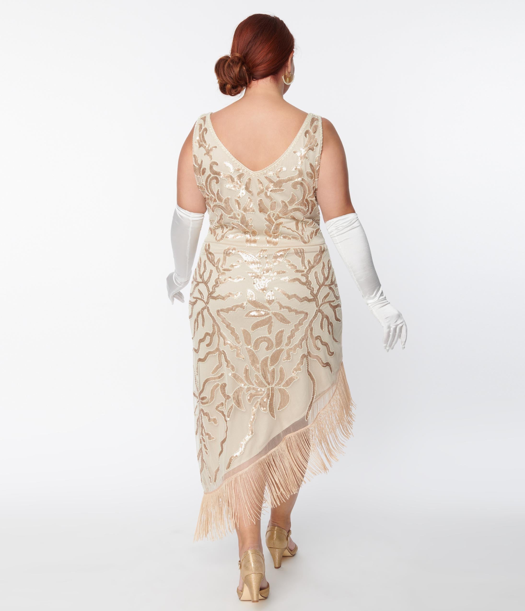 Unique Vintage Plus Size 1920s Beige Beaded Fringe Flapper Dress - Unique Vintage - Womens, FLAPPER, SLEEVELESS BEADED
