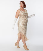 Unique Vintage Plus Size 1920s Beige Beaded Fringe Flapper Dress - Unique Vintage - Womens, FLAPPER, SLEEVELESS BEADED