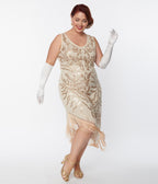 Unique Vintage Plus Size 1920s Beige Beaded Fringe Flapper Dress - Unique Vintage - Womens, FLAPPER, SLEEVELESS BEADED