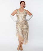 Unique Vintage Plus Size 1920s Beige Beaded Fringe Flapper Dress - Unique Vintage - Womens, FLAPPER, SLEEVELESS BEADED
