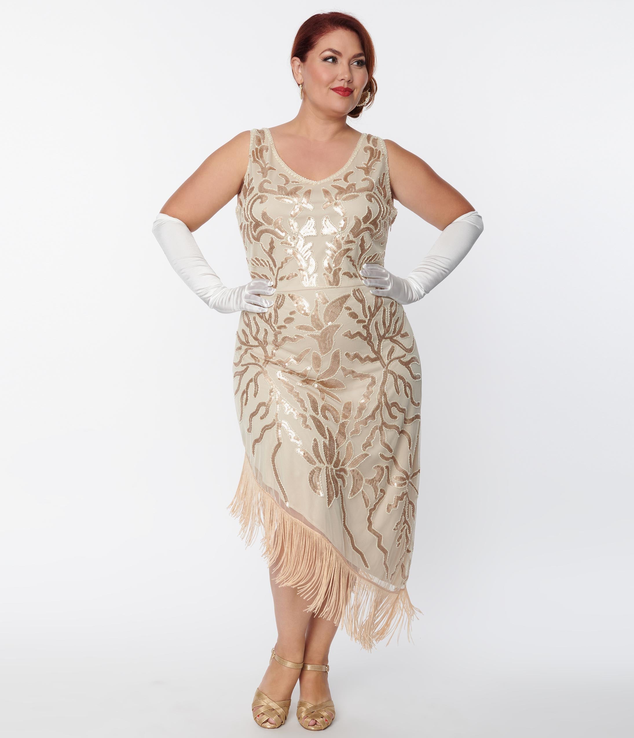Unique Vintage Plus Size 1920s Beige Beaded Fringe Flapper Dress - Unique Vintage - Womens, FLAPPER, SLEEVELESS BEADED