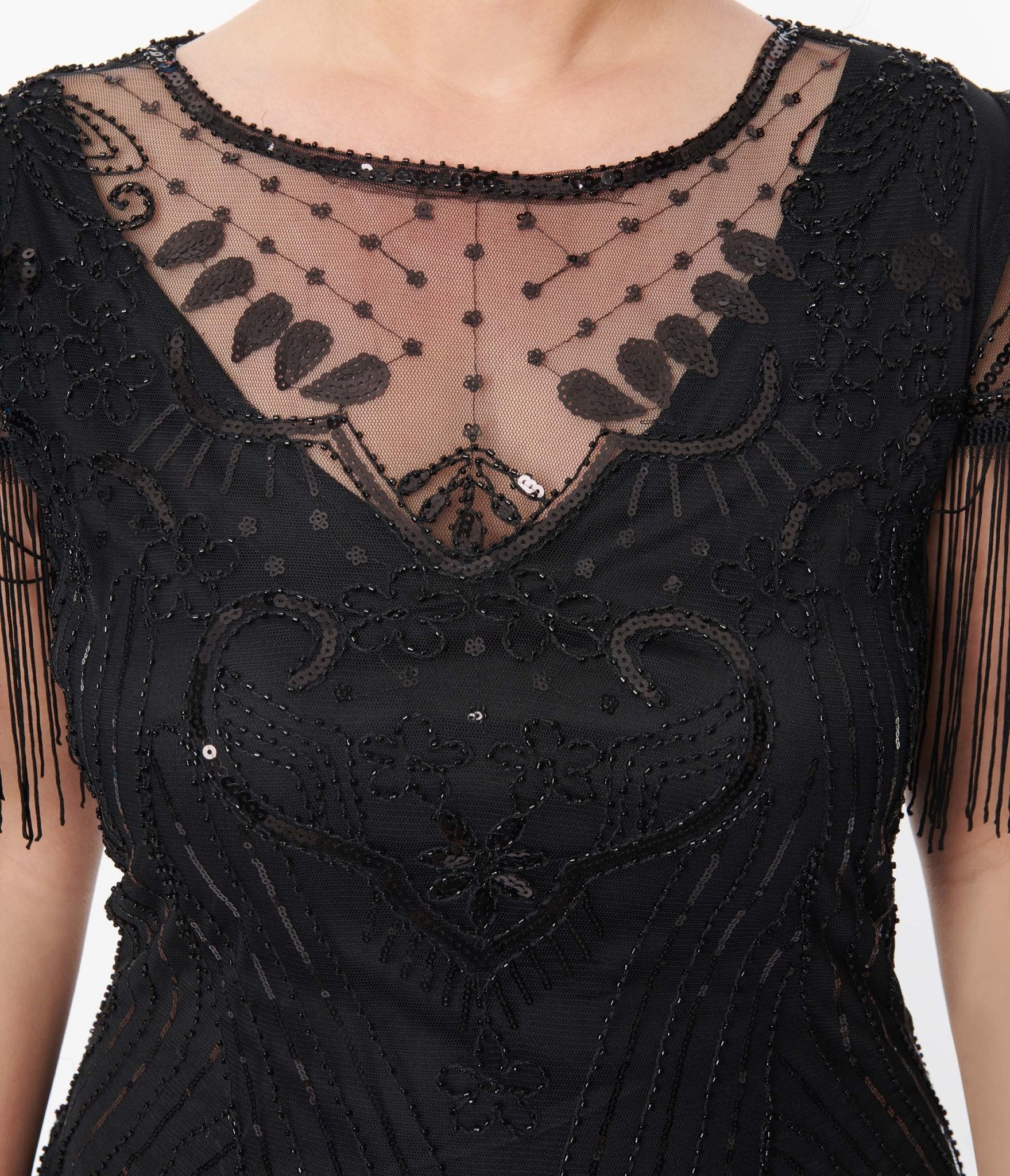 Unique Vintage Plus Size 1920s Black Beaded Fringe Sleeve Nadine Flapper Dress 2X/18 Unique Vintage Plus Size 1920s Black Beaded Fringe Sleeve Nadine Flapper Dress 2X/18