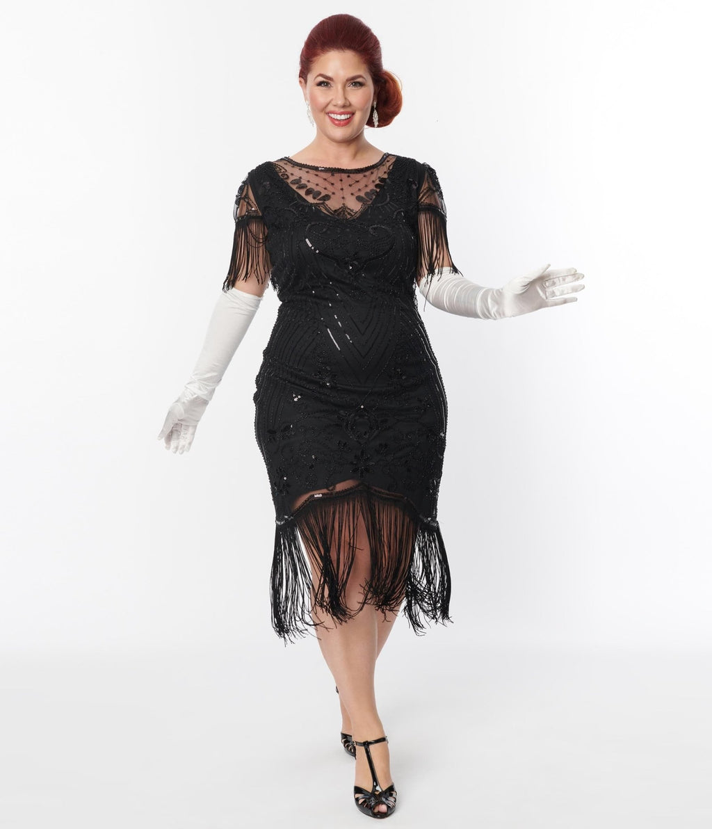 Unique Vintage Plus Size 1920s Black Beaded Fringe Sleeve Nadine Flapp Unique Vintage Plus Size 1920s Black Beaded Fringe Sleeve Nadine Flapp