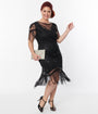 Unique Vintage Plus Size 1920s Black Beaded Fringe Sleeve Nadine Flapper Dress