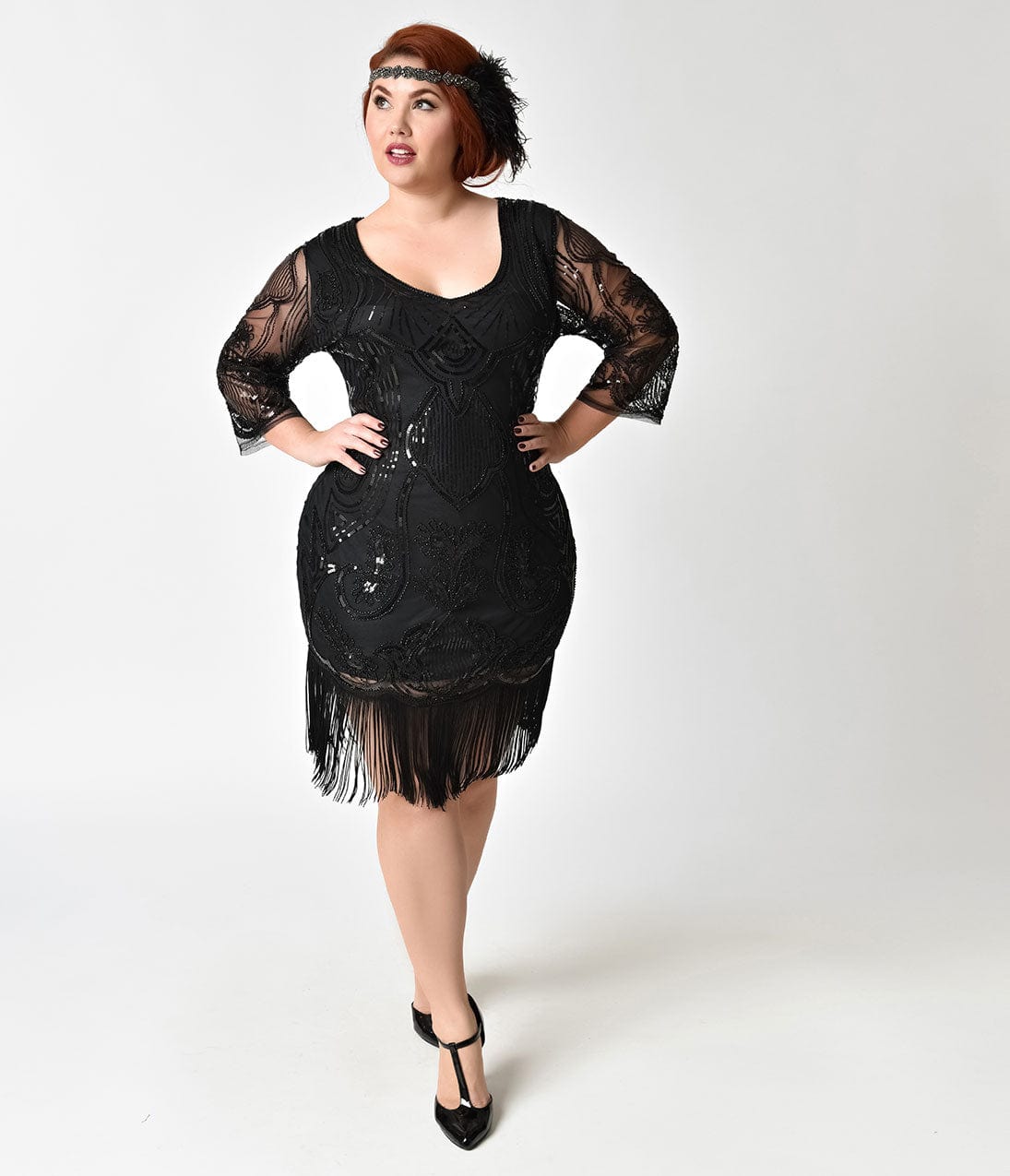 long sleeve flapper dress Unique Vintage Plus Size Black Margaux Fringe Flapper Dress with Sleeves