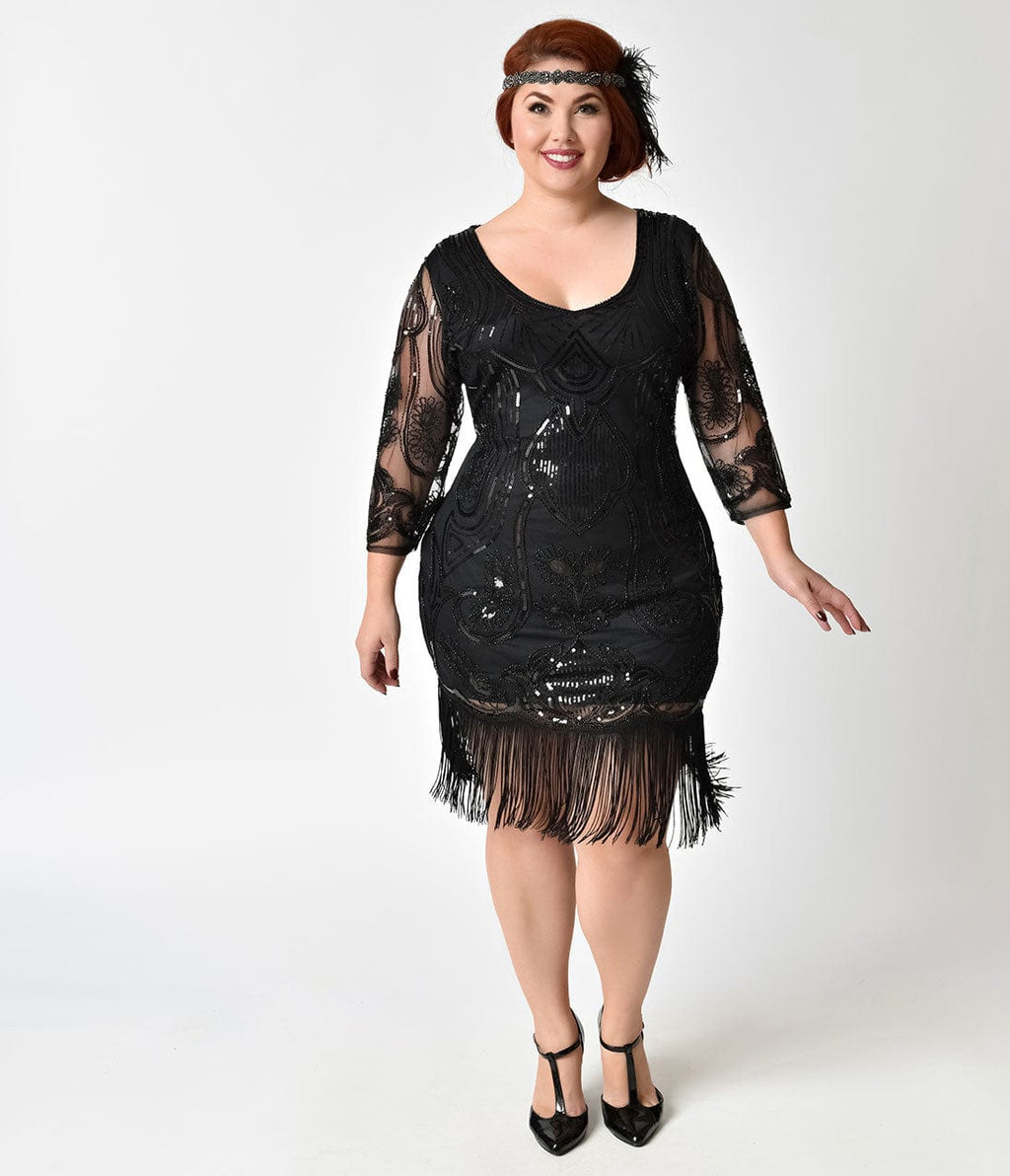 Unique Vintage Plus Size 1920s Black Beaded & Sequin Fringe Flapper Dress - Unique Vintage - Womens, FLAPPER, SLEEVED BEADED