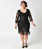 Unique Vintage Plus Size 1920s Black Beaded & Sequin Fringe Flapper Dress - Unique Vintage - Womens, FLAPPER, SLEEVED BEADED