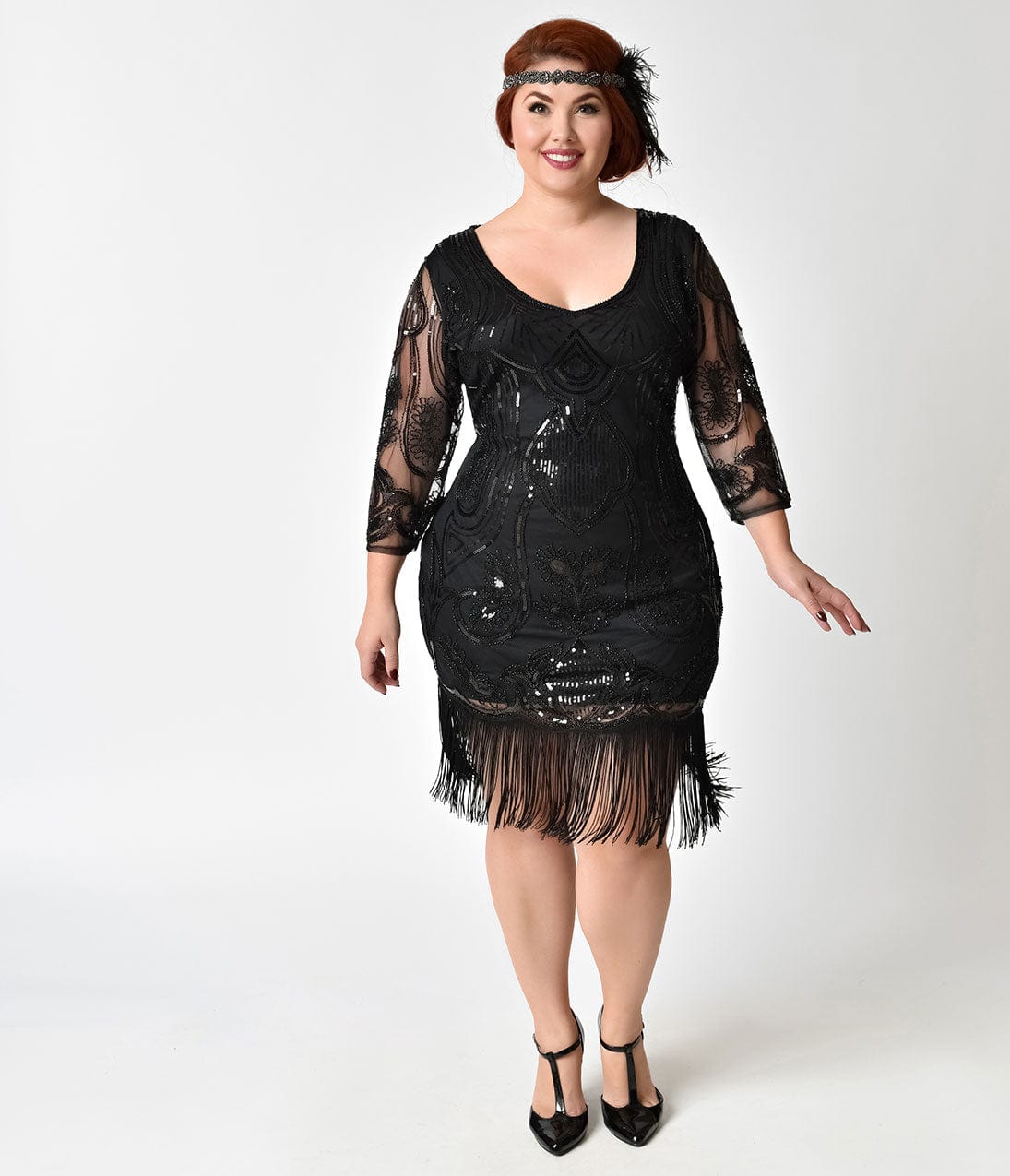 Unique Vintage Plus Size 1920s Black Beaded & Sequin Fringe Flapper Dress - Unique Vintage - Womens, FLAPPER, SLEEVED BEADED