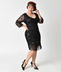 Unique Vintage Plus Size 1920s Black Beaded & Sequin Margaux Sleeved Fringe Flapper Dress